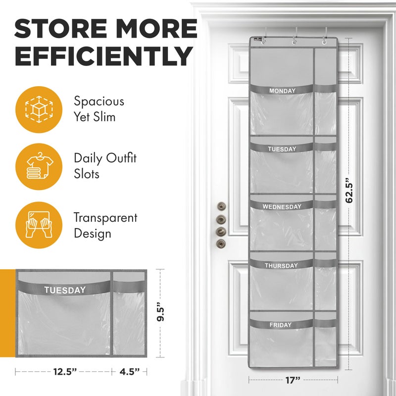 Handy Laundry Over the Door Weekly Clothes Organizer - 5 Shelf Hanging Closet Storage with Day of the Week Labels - Weekly Clothes Organizer For Kids - Space-Saving Over Door or Wall Hanging Organizer (Grey) - Image 2