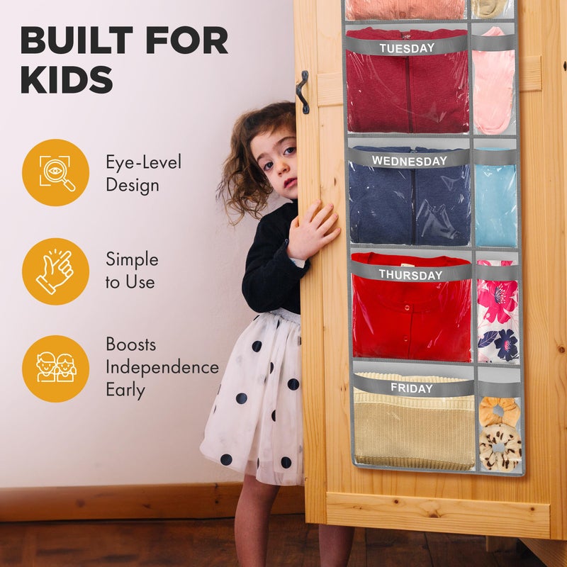 Handy Laundry Over the Door Weekly Clothes Organizer - 5 Shelf Hanging Closet Storage with Day of the Week Labels - Weekly Clothes Organizer For Kids - Space-Saving Over Door or Wall Hanging Organizer (Grey) - Image 5