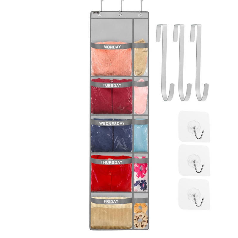 Handy Laundry Over the Door Weekly Clothes Organizer - 5 Shelf Hanging Closet Storage with Day of the Week Labels - Weekly Clothes Organizer For Kids - Space-Saving Over Door or Wall Hanging Organizer (Grey) - Image 1
