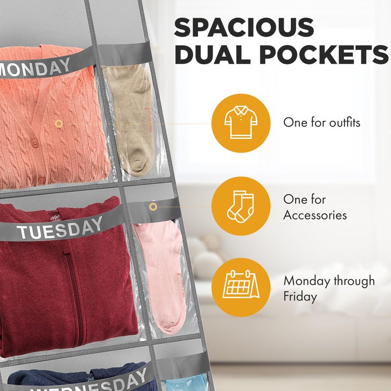 Handy Laundry Over the Door Weekly Clothes Organizer - 5 Shelf Hanging Closet Storage with Day of the Week Labels - Weekly Clothes Organizer For Kids - Space-Saving Over Door or Wall Hanging Organizer (Grey) - Image 3
