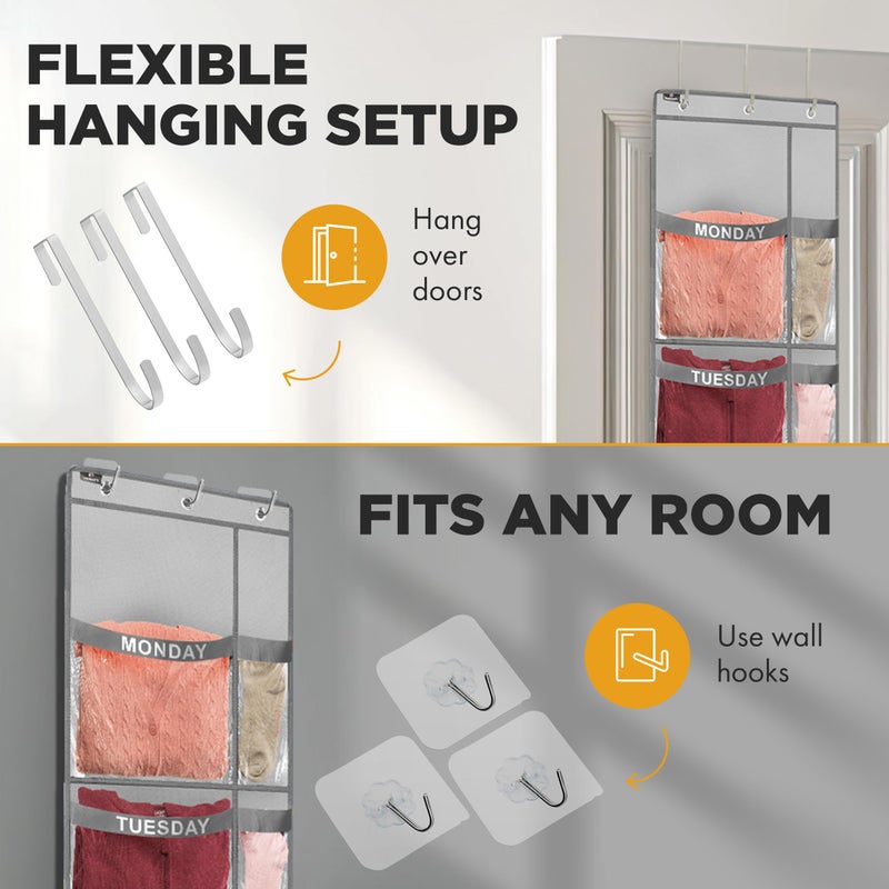 Handy Laundry Over the Door Weekly Clothes Organizer - 5 Shelf Hanging Closet Storage with Day of the Week Labels - Weekly Clothes Organizer For Kids - Space-Saving Over Door or Wall Hanging Organizer (Grey) - Image 4