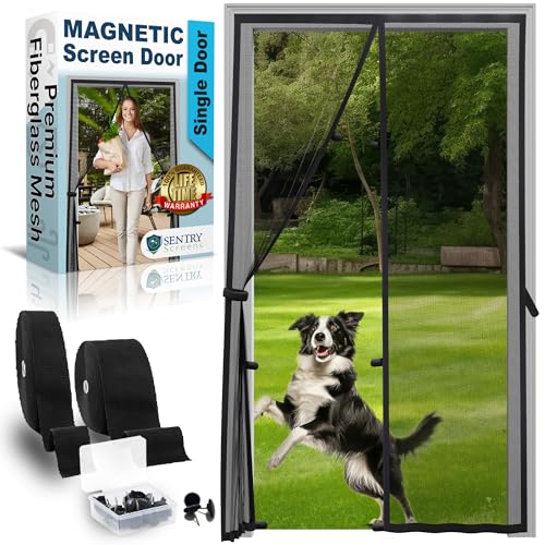 Sentry Screens Fiberglass Mesh Magnetic Screen Door – Heavy Duty Self-Closing Hanging Door Net Screen with Magnet Closures – Fits Doors Up to 46"x82" – Black – by Sentry Screens - Image 1