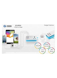 Zoook Zoook - Gadgets Fashion ZF-PPS1 PORTABLE CHARGING STATION, 4 port USB & universal power socket (5.1A Output) EU & UK versions White with Blue,White with Green  - Image 2