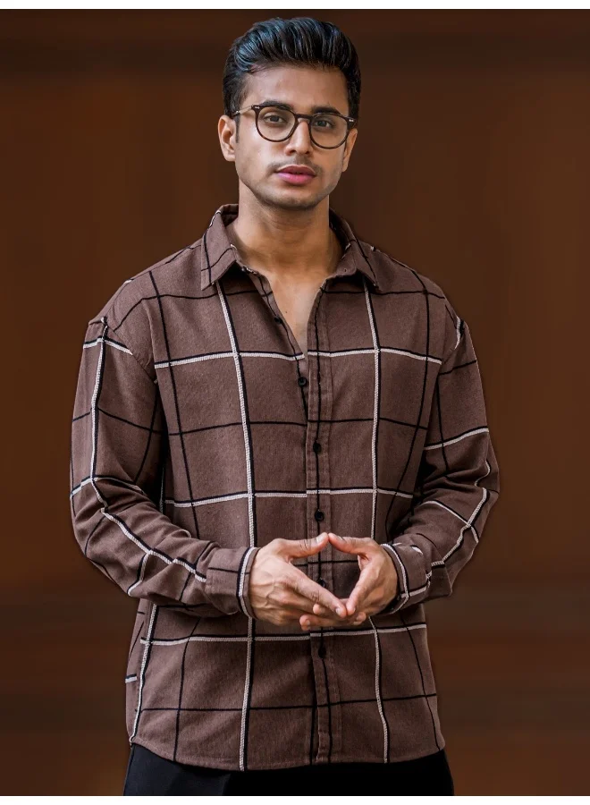 Maniac Maniac Mens Embroider Checks Full Sleeve Brown Cotton Shirt