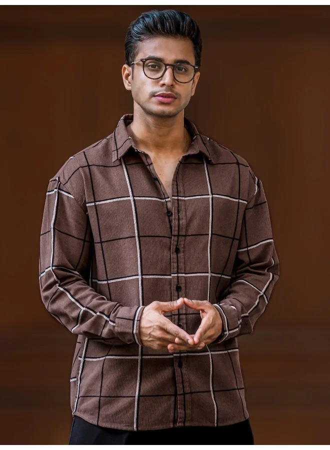 مانياك قميص رجالي قطني بني بأكمام كاملة وتطريز مربعات