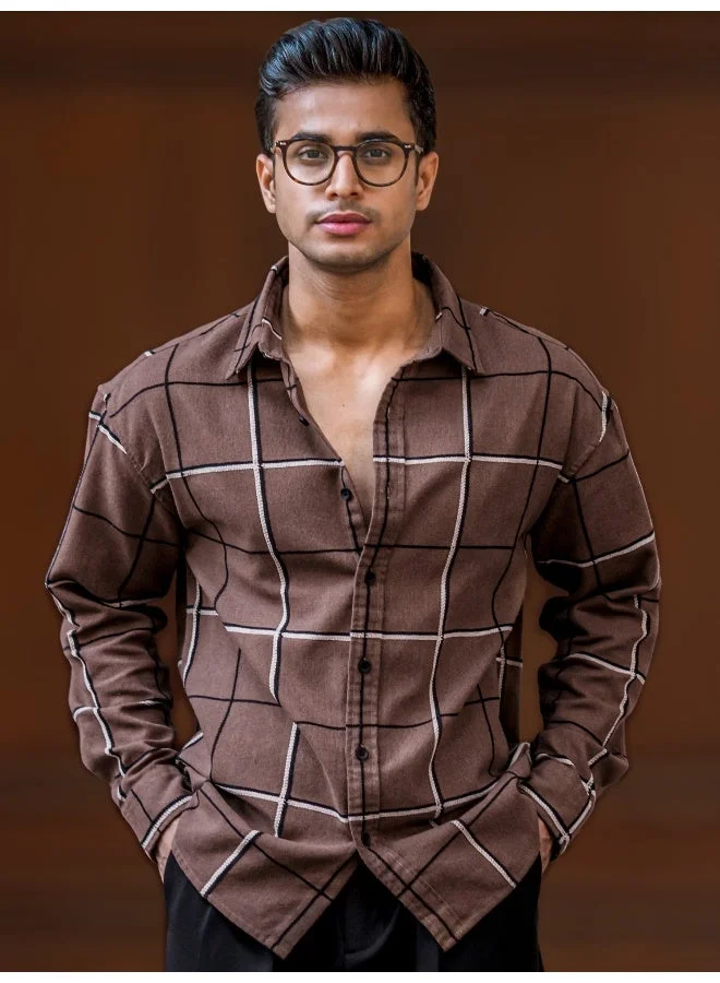 Maniac  Maniac Mens Embroider Checks Full Sleeve Brown Cotton Shirt for Men | Best Price UAE