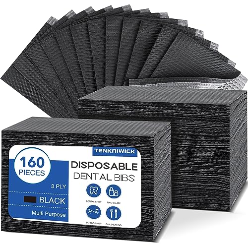 TENKAIWICK 160 Pack Disposable Dental Bibs 13"x18", 3-Ply Waterproof Tattoo Bibs Sheet for Nail Salon, Dental Clinic, Feeding, Tattoo Shop (Black) - Image 1