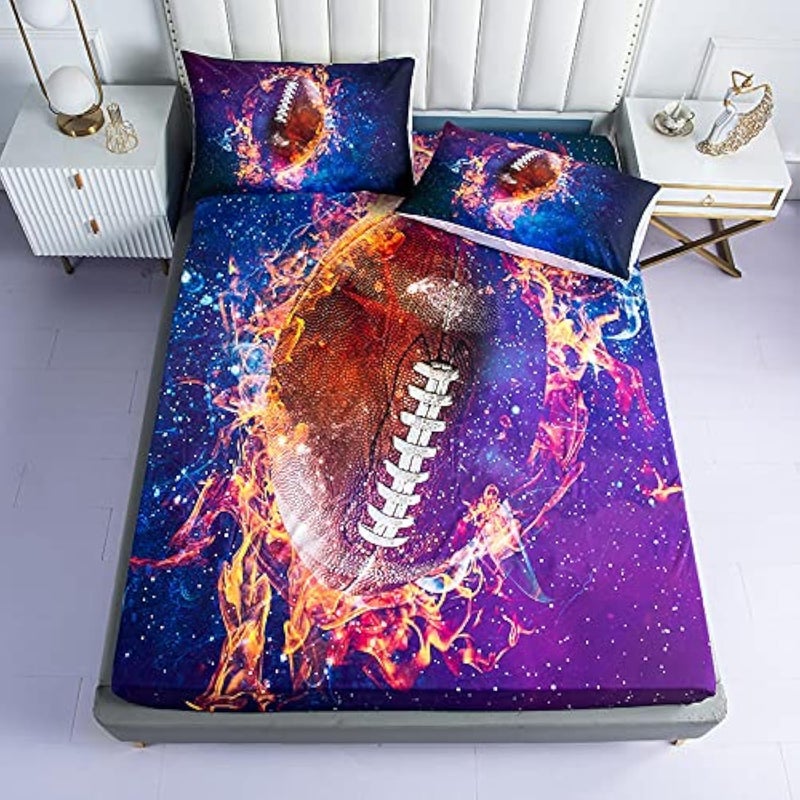 Roscloud Sports Football Rugby Sheet Sets Twin Size  2PC Universe Galaxy Football Boys Fitted SheetFitted Sheet1 Pillowcases1