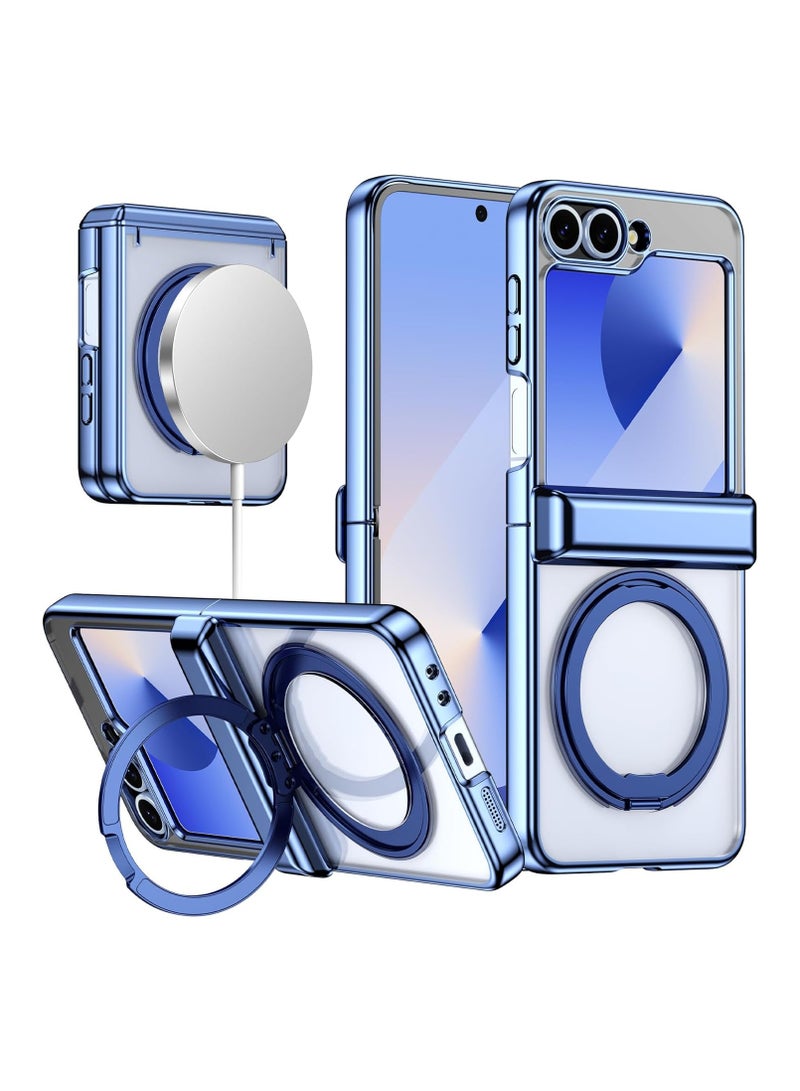 عام Protective case compatible with Samsung Galaxy Z Flip7 FE, 【magnetic wireless charging】 transparent hard PC shockproof cover, featuring a rotating ring stand and full hinge protection.