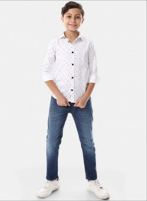 White And Navy Blue Long Sleeves"whale" Boys Shirt
