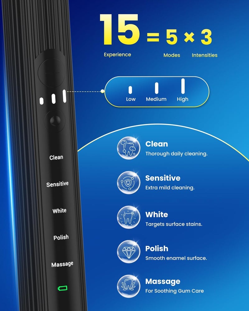 YTEATH PRO Electric Toothbrush, Sonic Electric Toothbrush for Adults with 8 Brush Heads, Rechargeable Sonic Toothbrush with 5 Modes and 3 Intensities, 60 Days of Use - Image 4