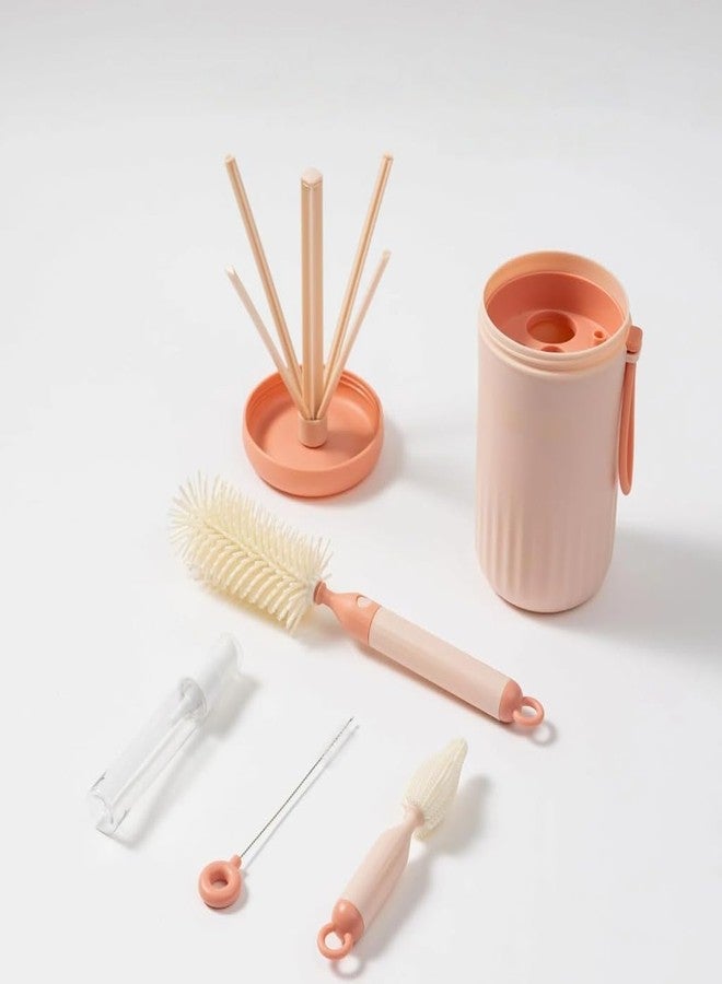 Mixen Travel Baby Bottle Brush Set with Extendable Silicone Bottle Brush, Nipple Brush, Magnetic Baby Bottle Drying Rack, Straw Cleaner Brush, Kids Bottle Soap Dispenser, Pink - Image 3
