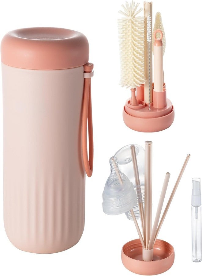 Mixen Travel Baby Bottle Brush Set with Extendable Silicone Bottle Brush, Nipple Brush, Magnetic Baby Bottle Drying Rack, Straw Cleaner Brush, Kids Bottle Soap Dispenser, Pink - Image 1
