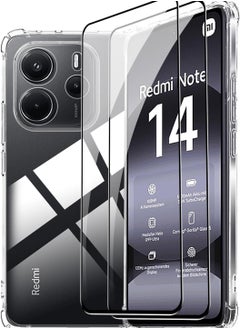 Redmi Note 14 4G Case with Screen Protector (2-Pack) 6.67 inches [Black Edge Full Cover Tempered Glass], Four-Corner airbag Transparent TPU Flexible Case(Not for 5G)
