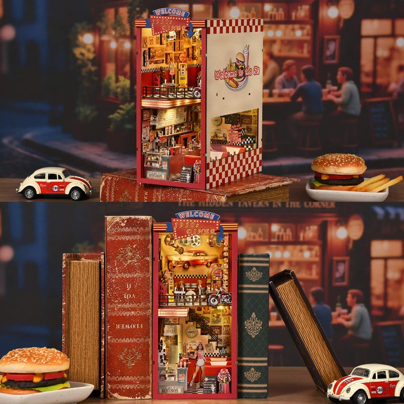 fifijoy Book Nook Kit - DIY Miniature House Dollhouse Kit for Adults and Teens, Booknook Retro Diner Bookshelf Decor 3D Wooden Puzzle with LED Light, Gifts for Family and Friends (1950s Diner) - Image 2