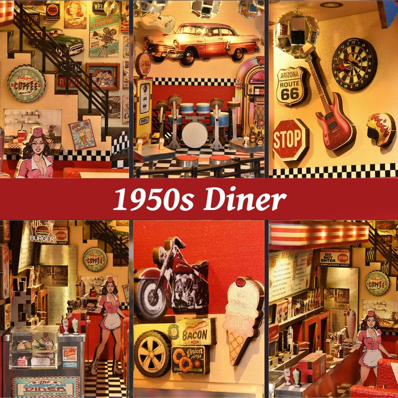 fifijoy Book Nook Kit - DIY Miniature House Dollhouse Kit for Adults and Teens, Booknook Retro Diner Bookshelf Decor 3D Wooden Puzzle with LED Light, Gifts for Family and Friends (1950s Diner) - Image 4