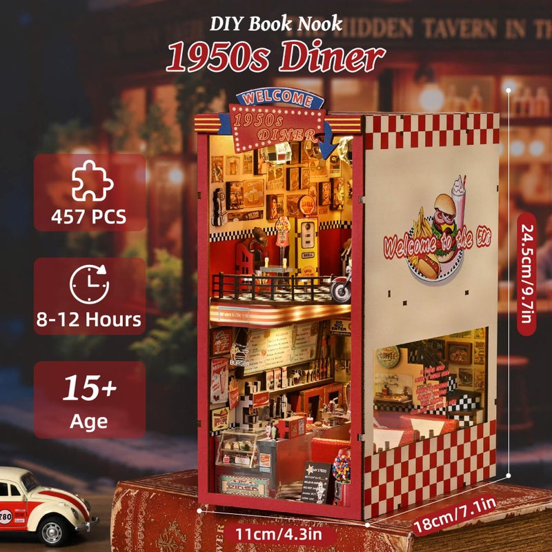 fifijoy Book Nook Kit - DIY Miniature House Dollhouse Kit for Adults and Teens, Booknook Retro Diner Bookshelf Decor 3D Wooden Puzzle with LED Light, Gifts for Family and Friends (1950s Diner) - Image 5