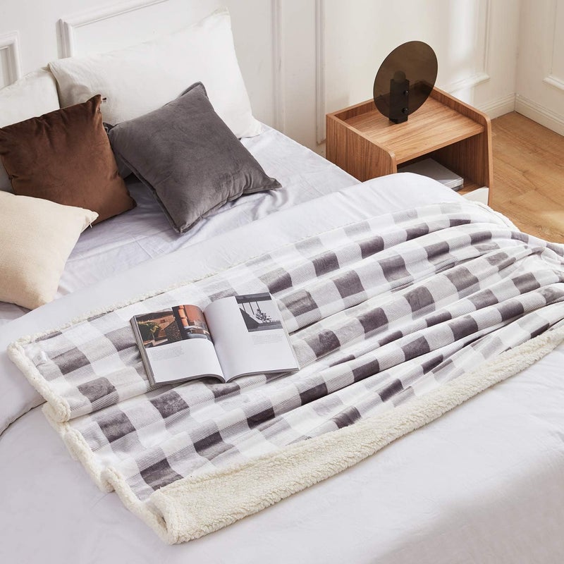 Touchat Sherpa Plaid Twin Blanket 60" X 70", Fuzzy Fluffy Soft Cozy Throw Blanket, Twin Size Plush Fleece Flannel Plush Microfiber Blanket for Couch Bed Sofa (Grey) - Image 3