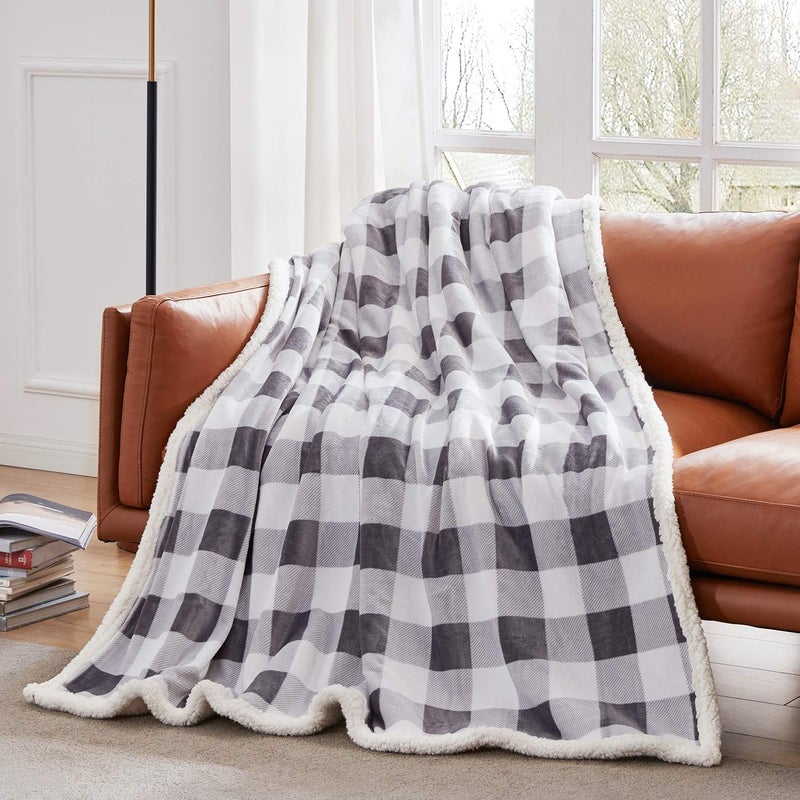 Touchat Sherpa Plaid Twin Blanket 60" X 70", Fuzzy Fluffy Soft Cozy Throw Blanket, Twin Size Plush Fleece Flannel Plush Microfiber Blanket for Couch Bed Sofa (Grey) - Image 2