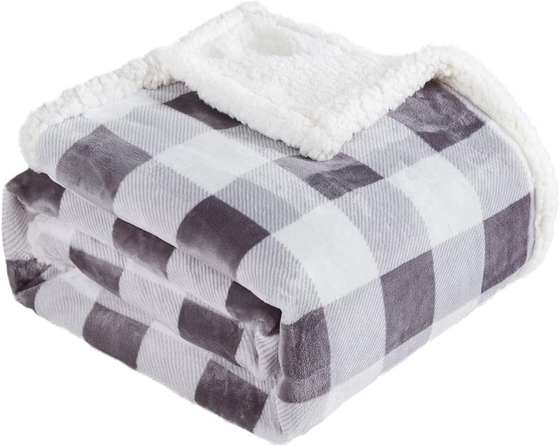 Touchat Sherpa Plaid Twin Blanket 60" X 70", Fuzzy Fluffy Soft Cozy Throw Blanket, Twin Size Plush Fleece Flannel Plush Microfiber Blanket for Couch Bed Sofa (Grey) - Image 1