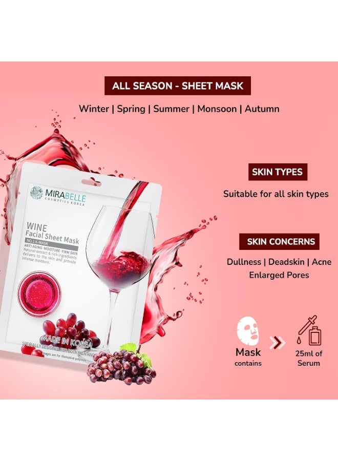 Mirabelle Wine Face Sheet Mask For Glowing Skin | Anti-aging | Korean Face Mask For Women & Men | Combo Pack Of 6 (each 25ml) - Image 3
