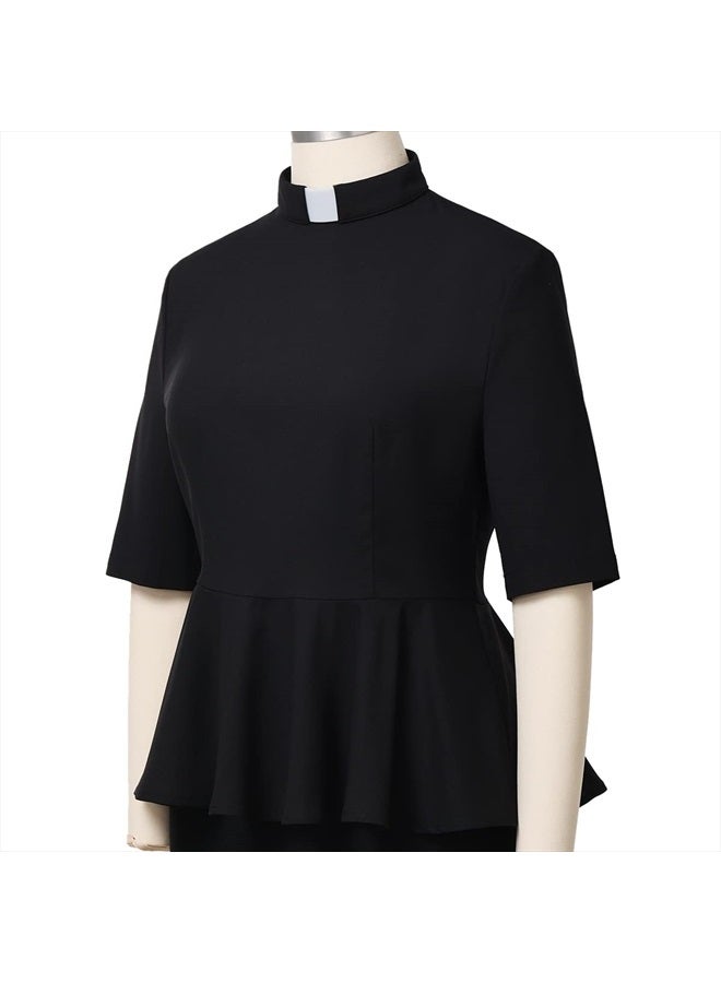 CAMDOM Womens Summer Clergy Shirt Tab Collar Half Sleeve Ruffle Blouse Top Black - Image 4