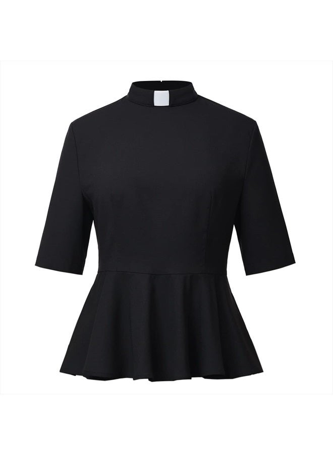 CAMDOM Womens Summer Clergy Shirt Tab Collar Half Sleeve Ruffle Blouse Top Black - Image 1