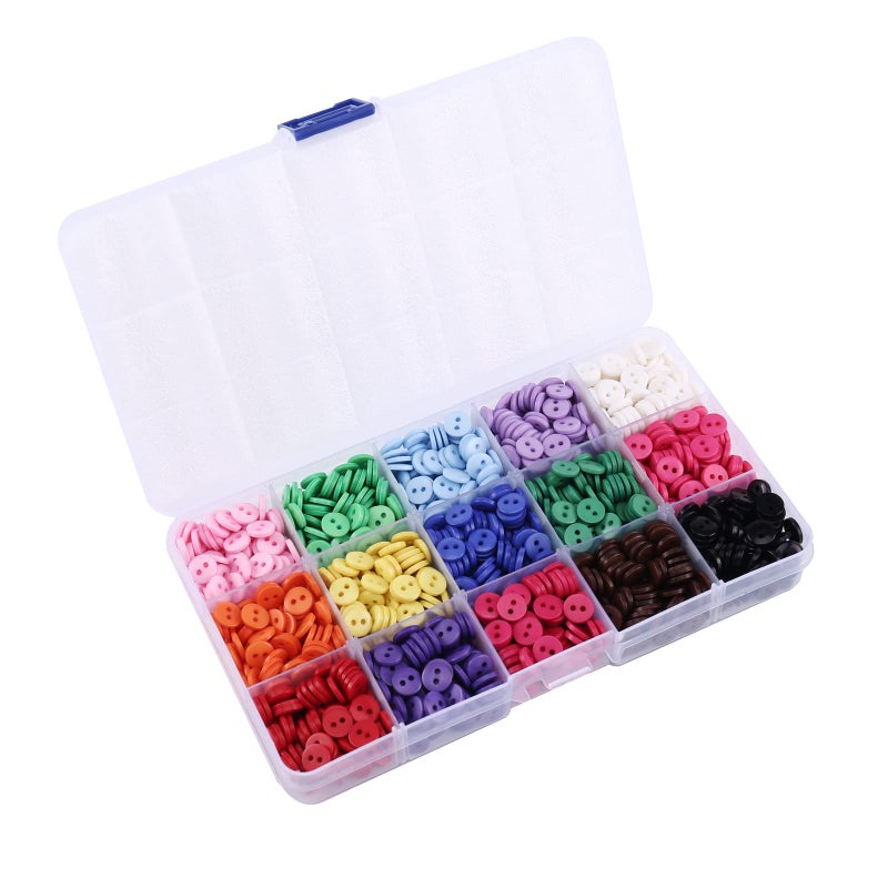 Crafjie 9mm 2 Hole Tiny Size Flatback Resin Color Sewing Buttons 15 Colors Pack of 1500 with Box The Surface is Smooth Waterproof and Durable for DIY Crafts Childrens Manual Project