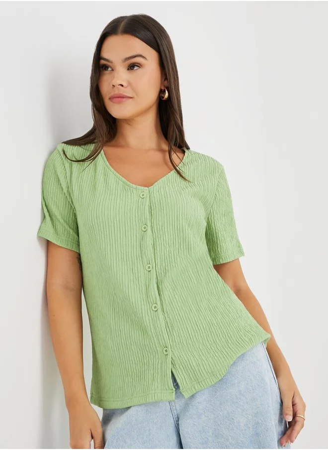 ستايلي Styli Textured V-Neck Front Button Blouse