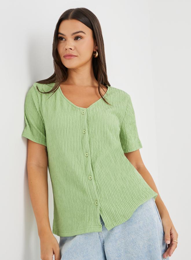 Styli Textured V-Neck Front Button Blouse - Image 1