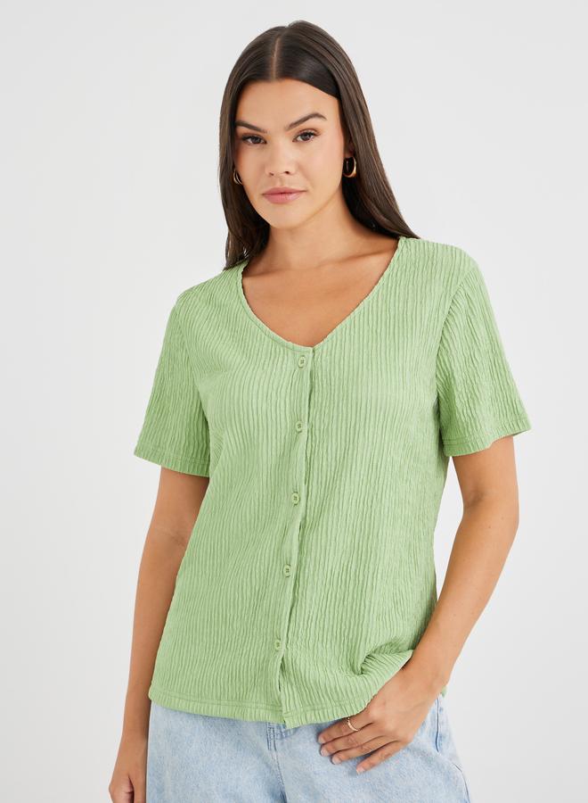 Styli Textured V-Neck Front Button Blouse - Image 3