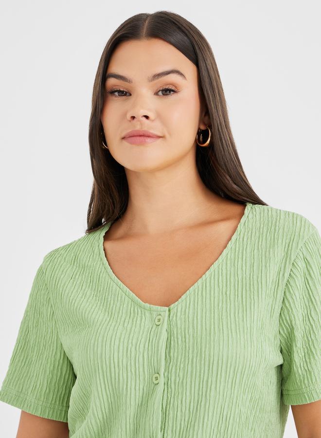 Styli Textured V-Neck Front Button Blouse - Image 4