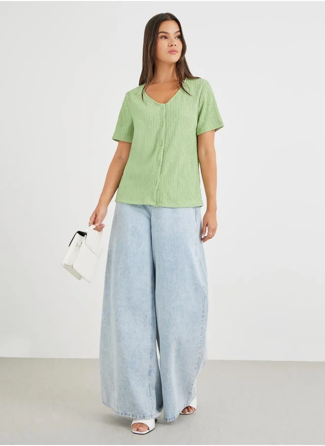 ستايلي Styli Textured V-Neck Front Button Blouse