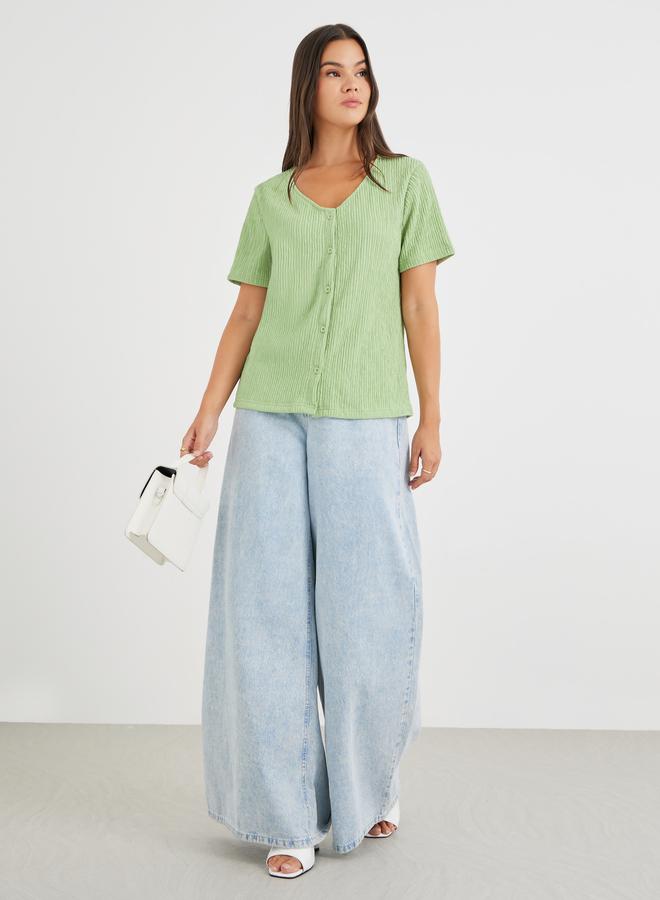 Styli Textured V-Neck Front Button Blouse - Image 2