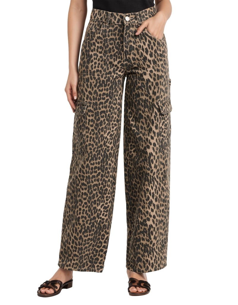 Kedera Womens Leopard Cargo Pants Straight Leg Cheetah Print Jeans Wide Leg Y2K Barrel Baggy Boyfriend Jeans with Pockets - Image 1