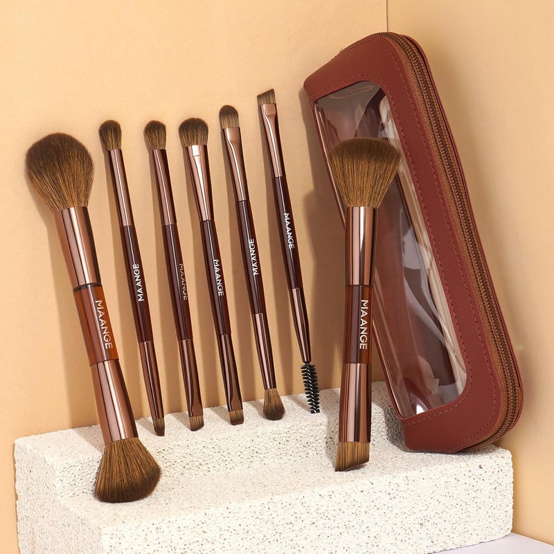 MAANGE 7 Piece Double Ended Makeup Brush Set - Professional Cosmetic Brushes for Foundation, Eyeshadow, Concealer, Powder (Dark Brown) - Image 2