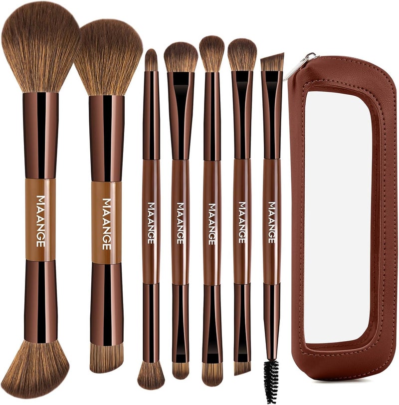 MAANGE 7 Piece Double Ended Makeup Brush Set - Professional Cosmetic Brushes for Foundation, Eyeshadow, Concealer, Powder (Dark Brown) - Image 1