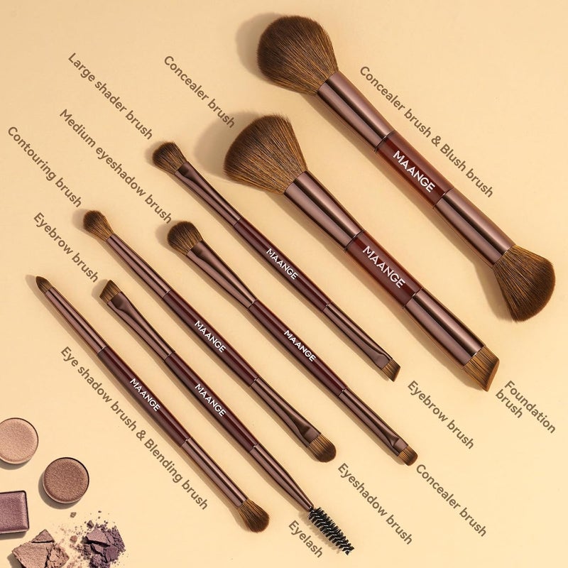 MAANGE 7 Piece Double Ended Makeup Brush Set - Professional Cosmetic Brushes for Foundation, Eyeshadow, Concealer, Powder (Dark Brown) - Image 3
