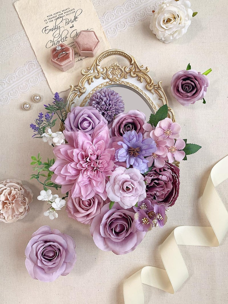 FACINOC Roses Artificial Flowers Purple Fake Flower Bulk for DIY Wedding Bouquet Bridal Baby Shower Centerpiece Table Decorations Silk Faux Floral Arrangements for Party Home Decor Cake Decorating - Image 3
