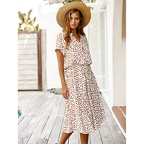 BROVAVE Women's Summer Polka Dot Print Shirt Dress Vintage Short Sleeve Button Down Midi Dress(White, L) - Image 2