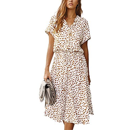 BROVAVE Women's Summer Polka Dot Print Shirt Dress Vintage Short Sleeve Button Down Midi Dress(White, L) - Image 1