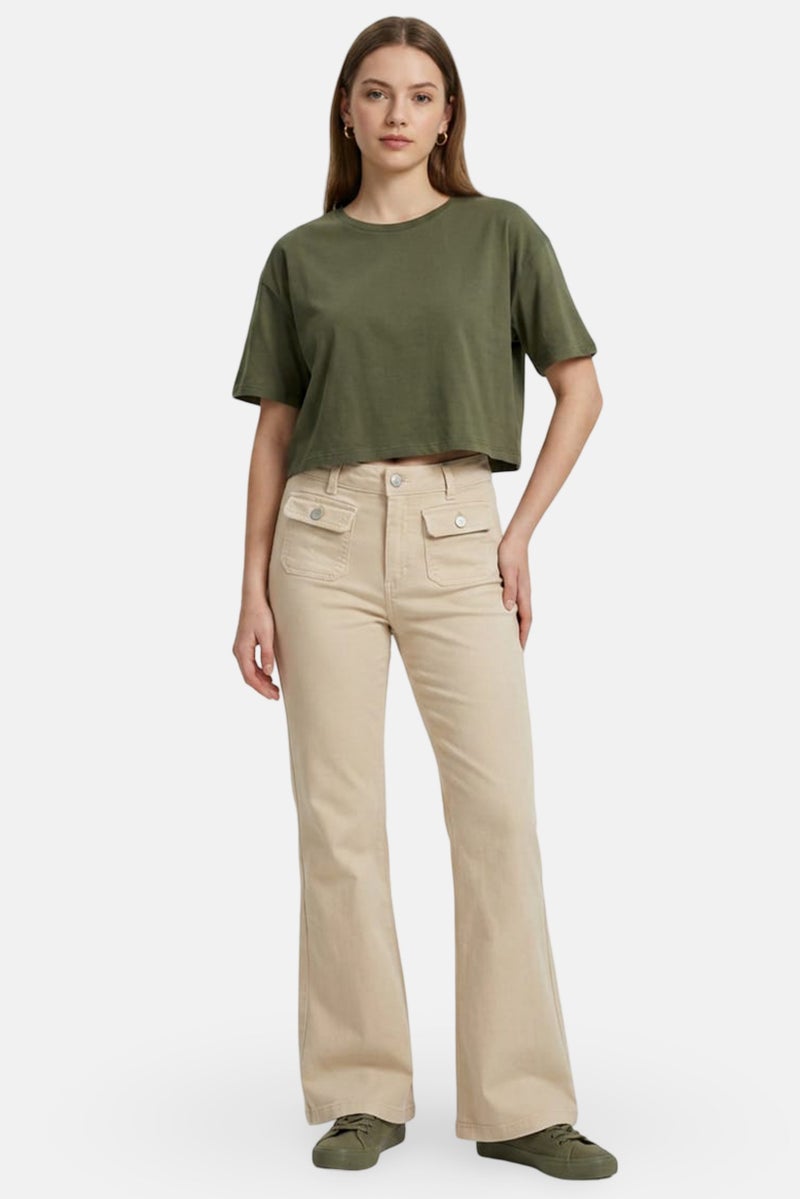 MONKI Women Wide Leg Fit Plain Stretchable Jeans, Beige - Image 2