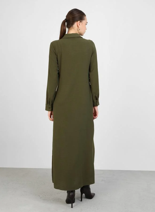 Refka by modanisa olive green Refka by modanisa Olive Green Buttoned Maxi Dress with Waist Tie-Detail for Women | Best Price UAE