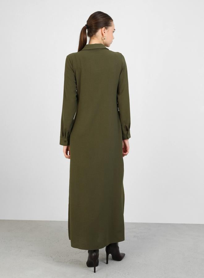 Refka by modanisa Olive Green Buttoned Maxi Dress with Waist Tie-Detail - Image 4