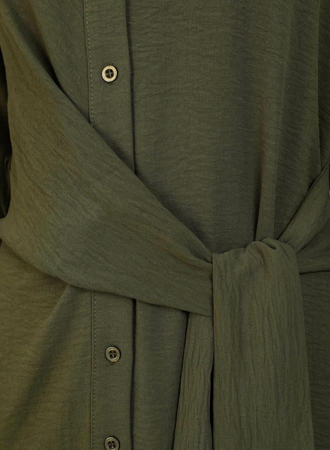 Refka by modanisa Olive Green Buttoned Maxi Dress with Waist Tie-Detail - Image 3
