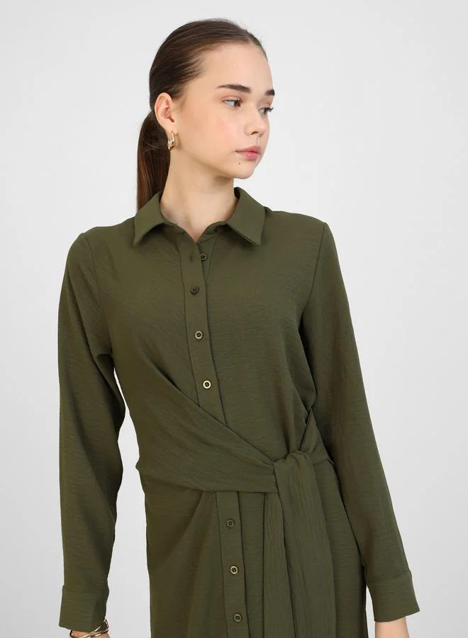 Refka by modanisa Refka by modanisa Olive Green Buttoned Maxi Dress with Waist Tie-Detail