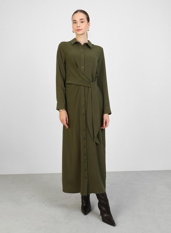 Refka by modanisa Olive Green Buttoned Maxi Dress with Waist Tie-Detail - Image 1