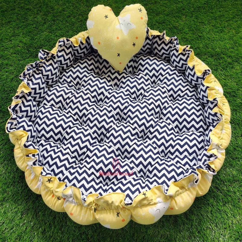 MOTHERHOOD MOTHERHOOD Round Baby Tub Bed 1 Pc HeartShaped Pillow Luxury Mattress Sleeper Big Size Bedding Set Safe Cotton Fabric with RFilled UltraSoft Comfortable for Newborn Yellow - Image 1
