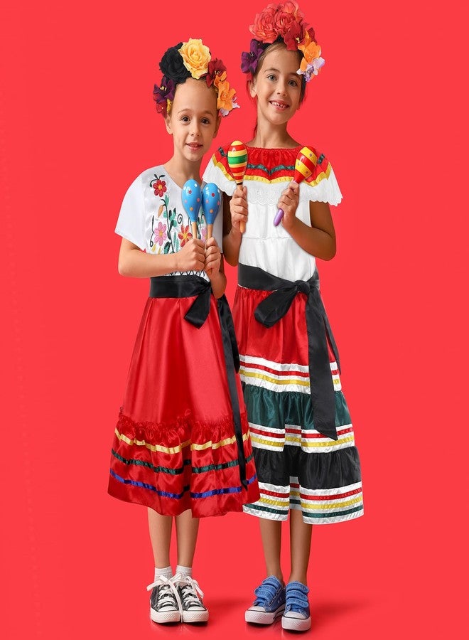 Croknit 4 Pcs Mexican Traditional Costume Set Flamenco Dance Dress Flower Crown Headband Halloween(5-6 Years Old,Lovely Style) - Image 5