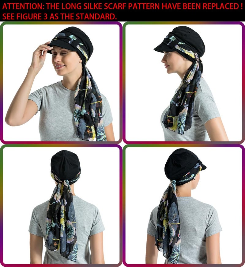 JarseHera Chemo Hats for Women Bamboo Cotton Lined Newsboy Caps with Scarf Double Loop Headwear for Cancer Hair Loss Black - Image 4